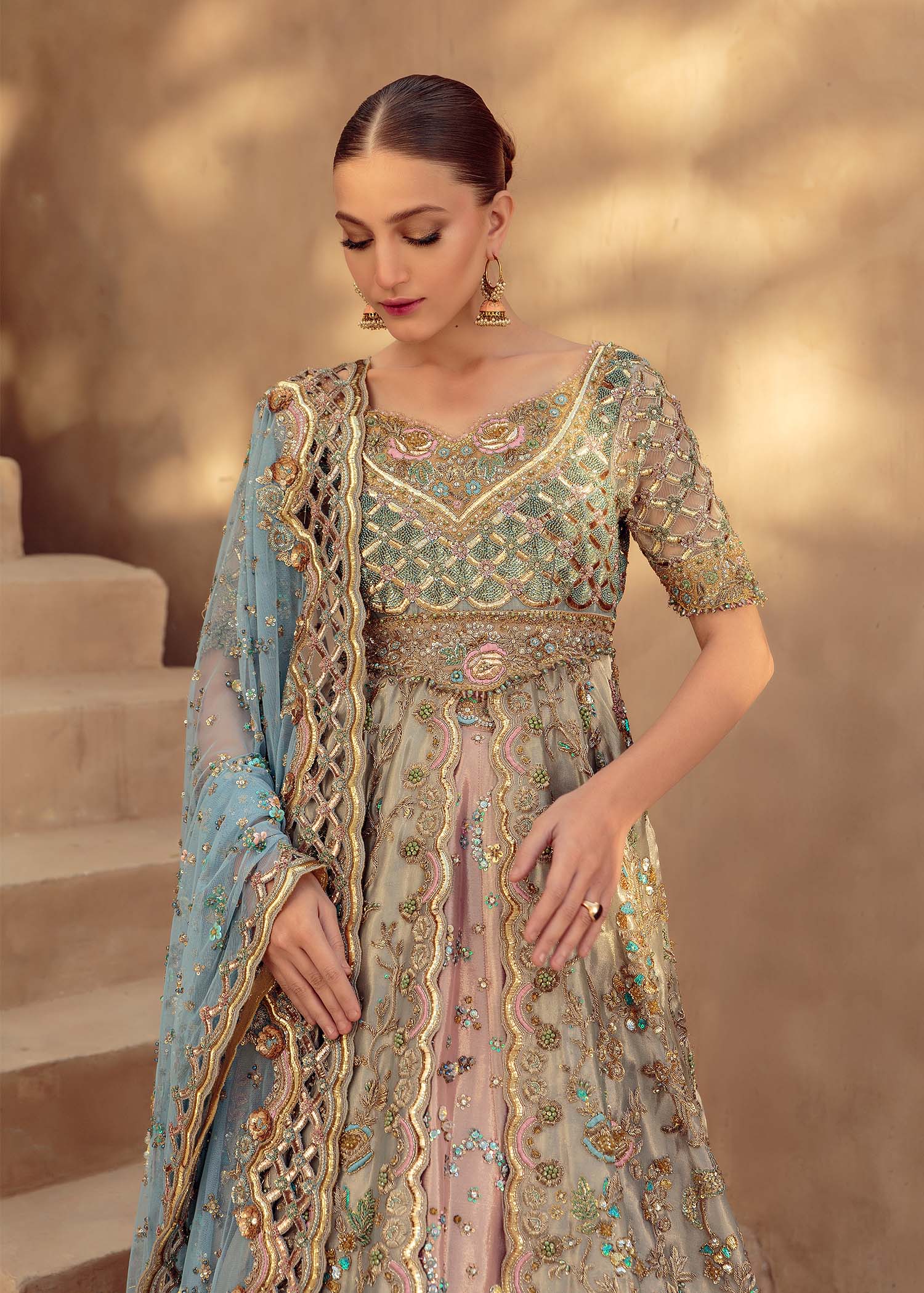 Pakistani Wedgewood Blue & Blush Embellished Silk Bridal Lehenga (3-Piece) - Image 2