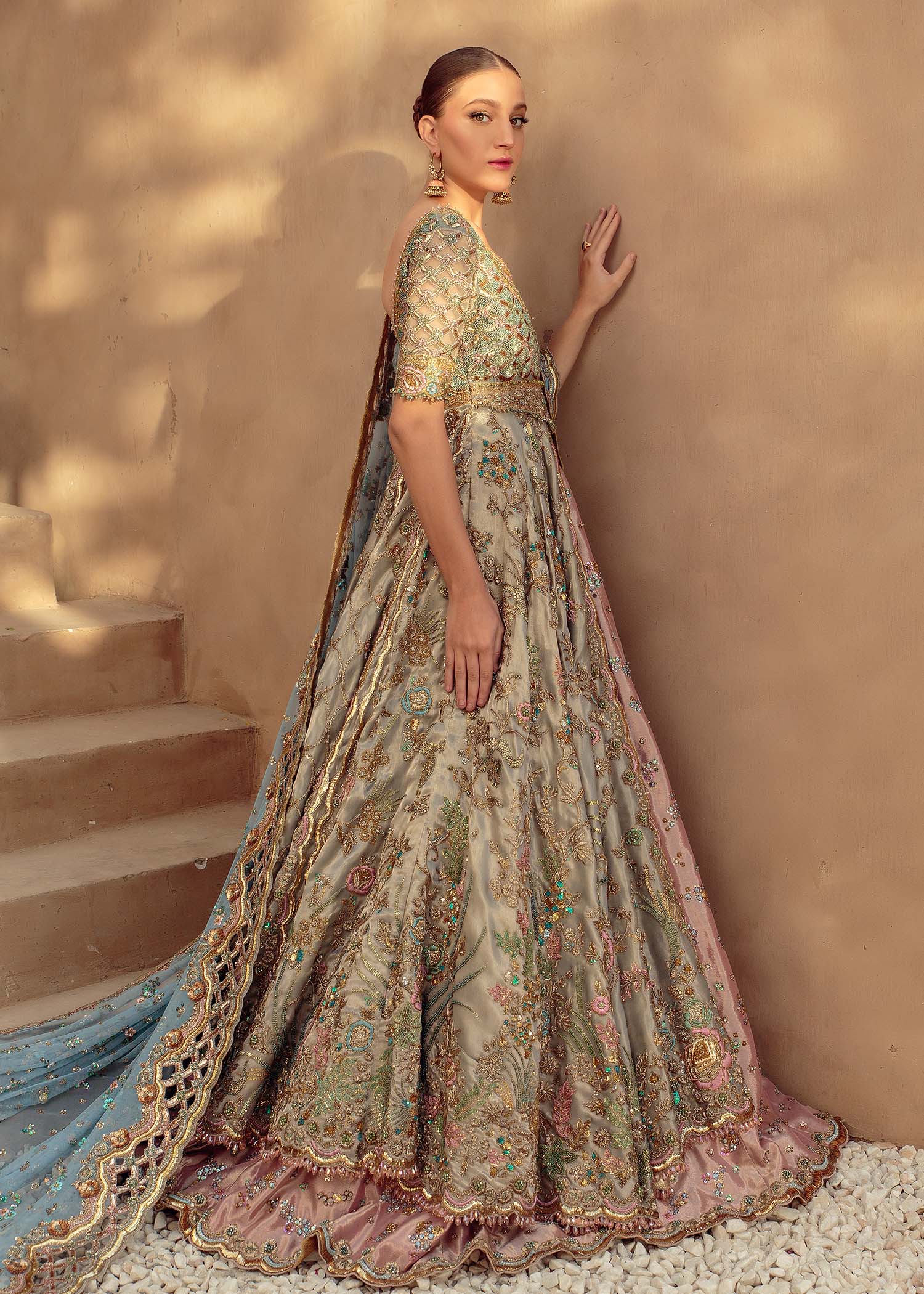 Pakistani Wedgewood Blue & Blush Embellished Silk Bridal Lehenga (3-Piece) - Image 3