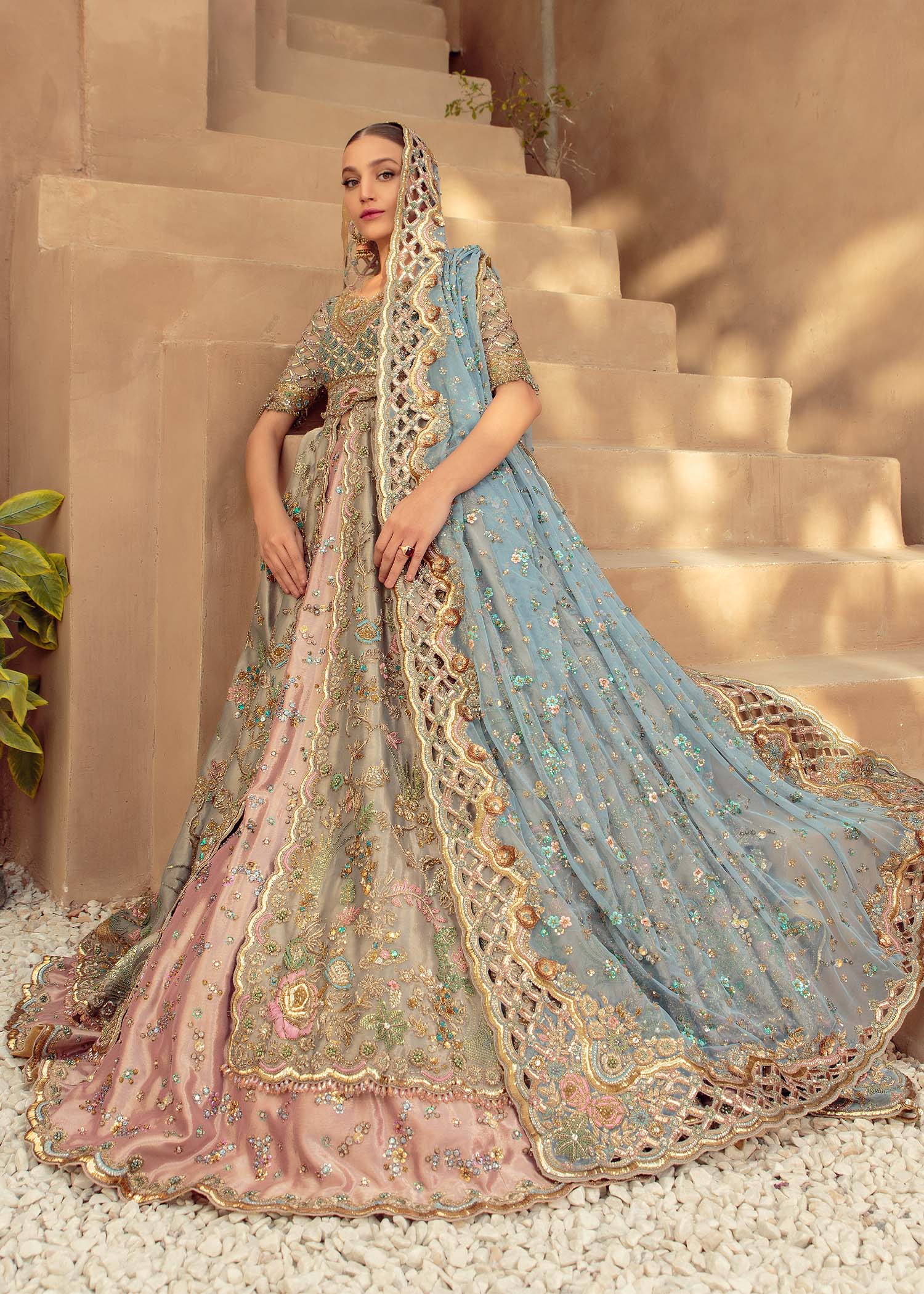 Pakistani Wedgewood Blue & Blush Embellished Silk Bridal Lehenga (3-Piece) - Image 9