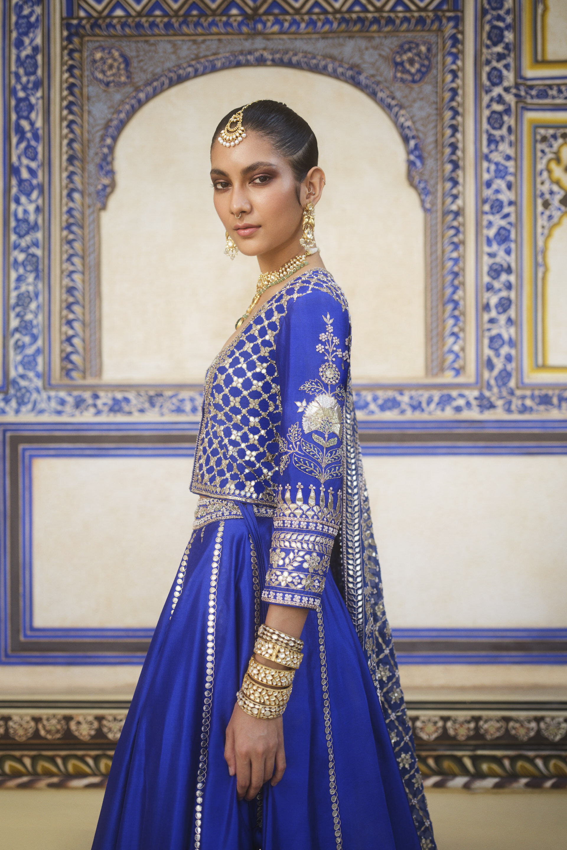 Indian Azure Gota Patti Zardozi Silk Lehenga (3-Piece) - Image 3