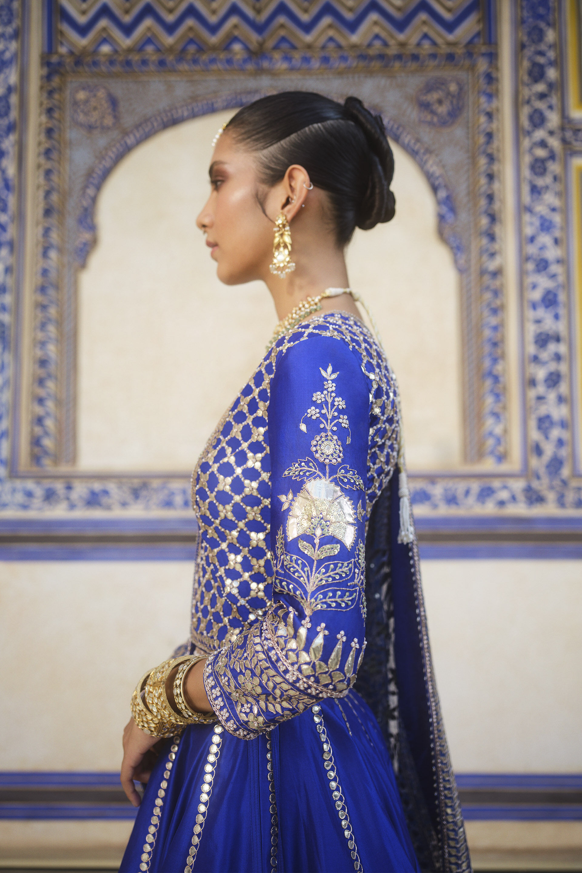 Indian Azure Gota Patti Zardozi Silk Lehenga (3-Piece) - Image 4