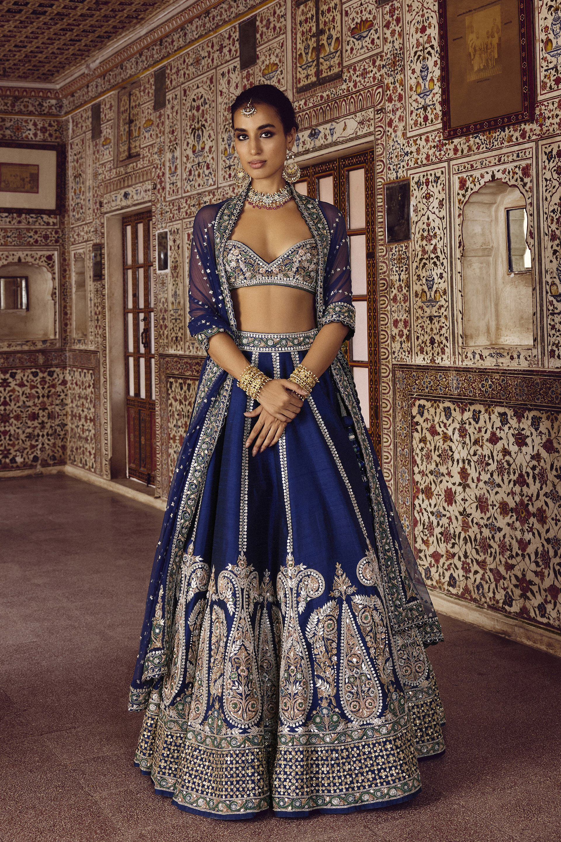 Indian Deep Blue Zardozi Silk Lehenga Set (3-Piece) - Image 1