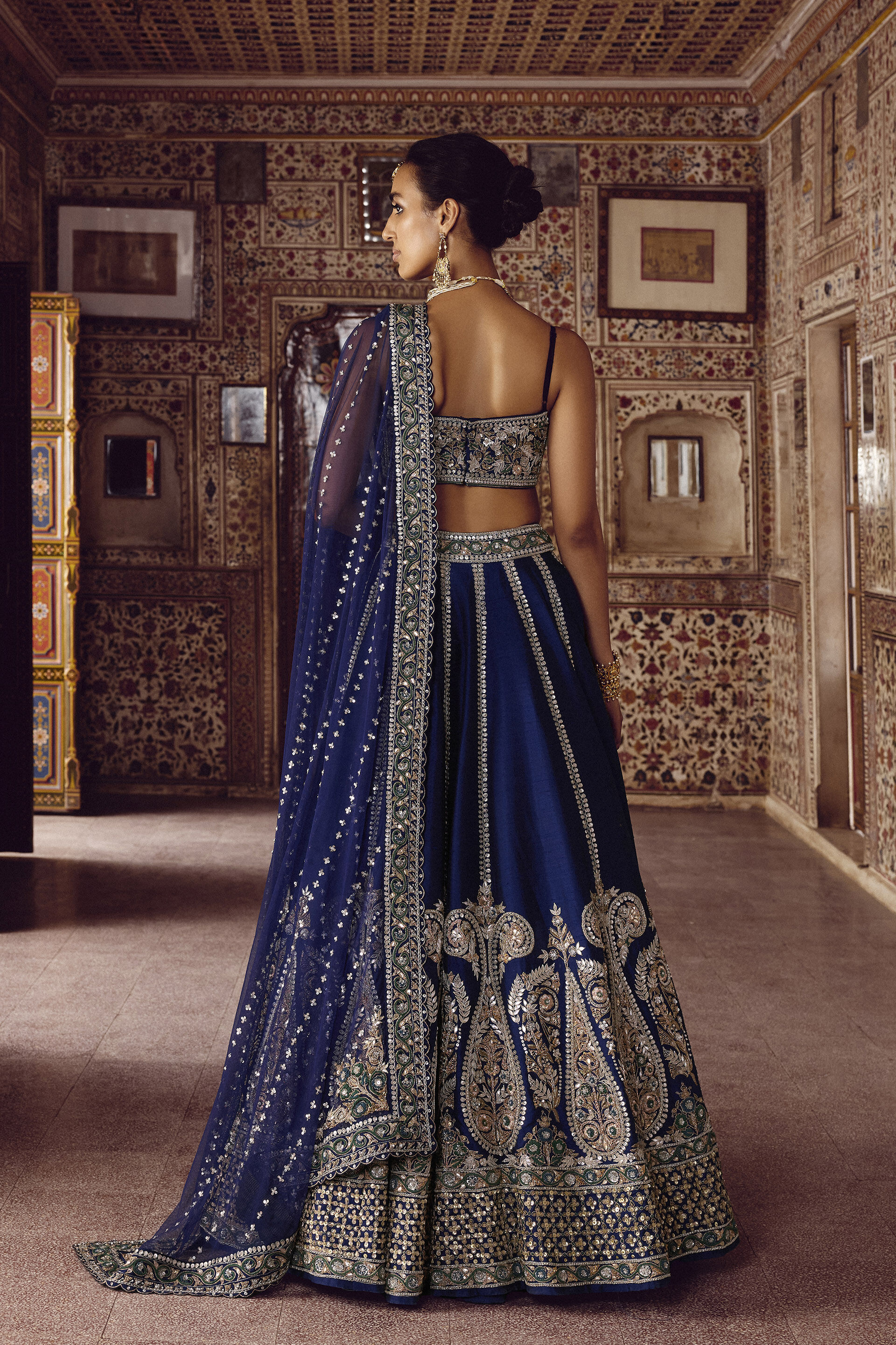 Indian Deep Blue Zardozi Silk Lehenga Set (3-Piece) - Image 2