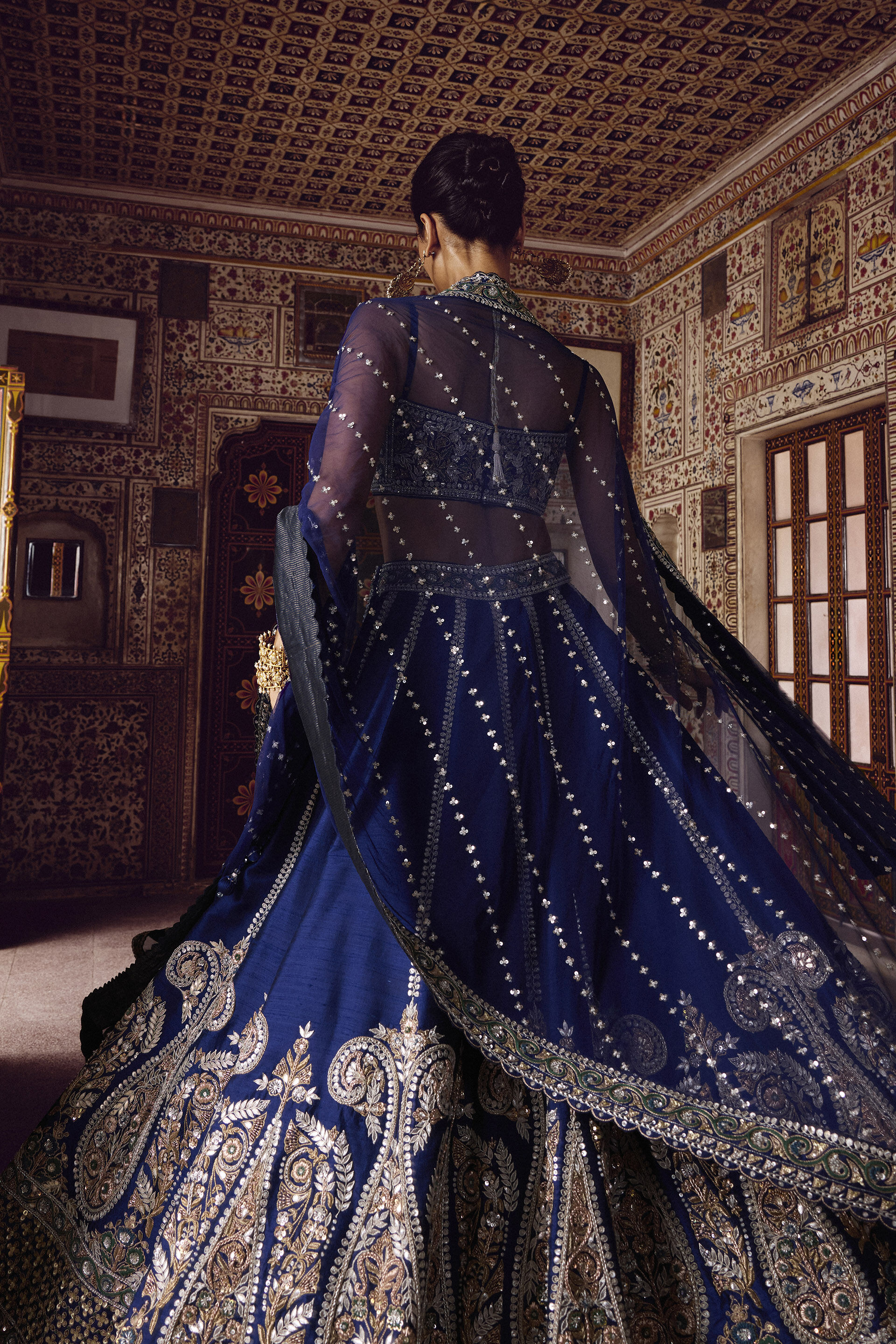 Indian Deep Blue Zardozi Silk Lehenga Set (3-Piece) - Image 4