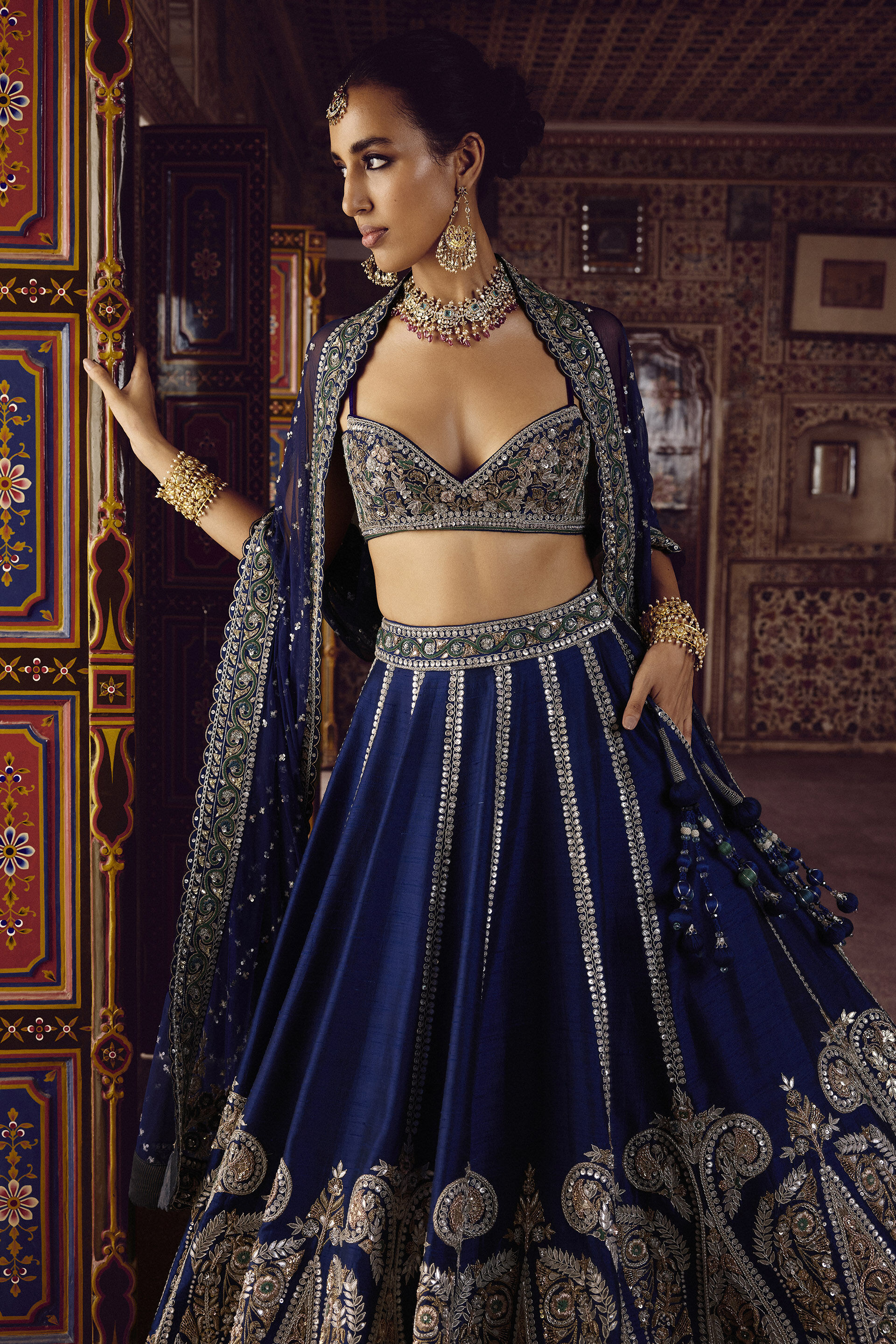 Indian Deep Blue Zardozi Silk Lehenga Set (3-Piece) - Image 5