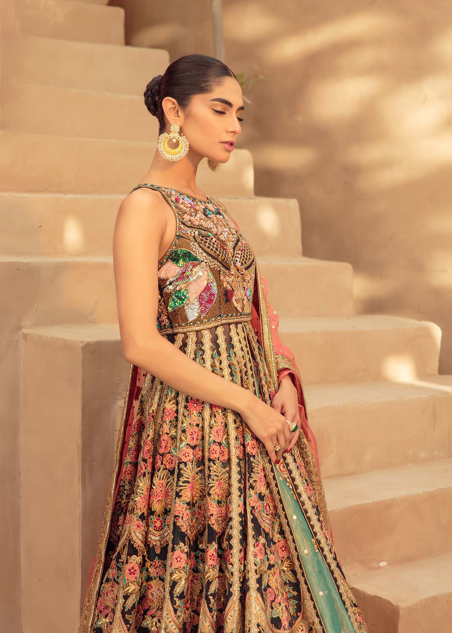 Indigo Embroidered Silk Bridal Lehenga (3-Piece) - Image 6