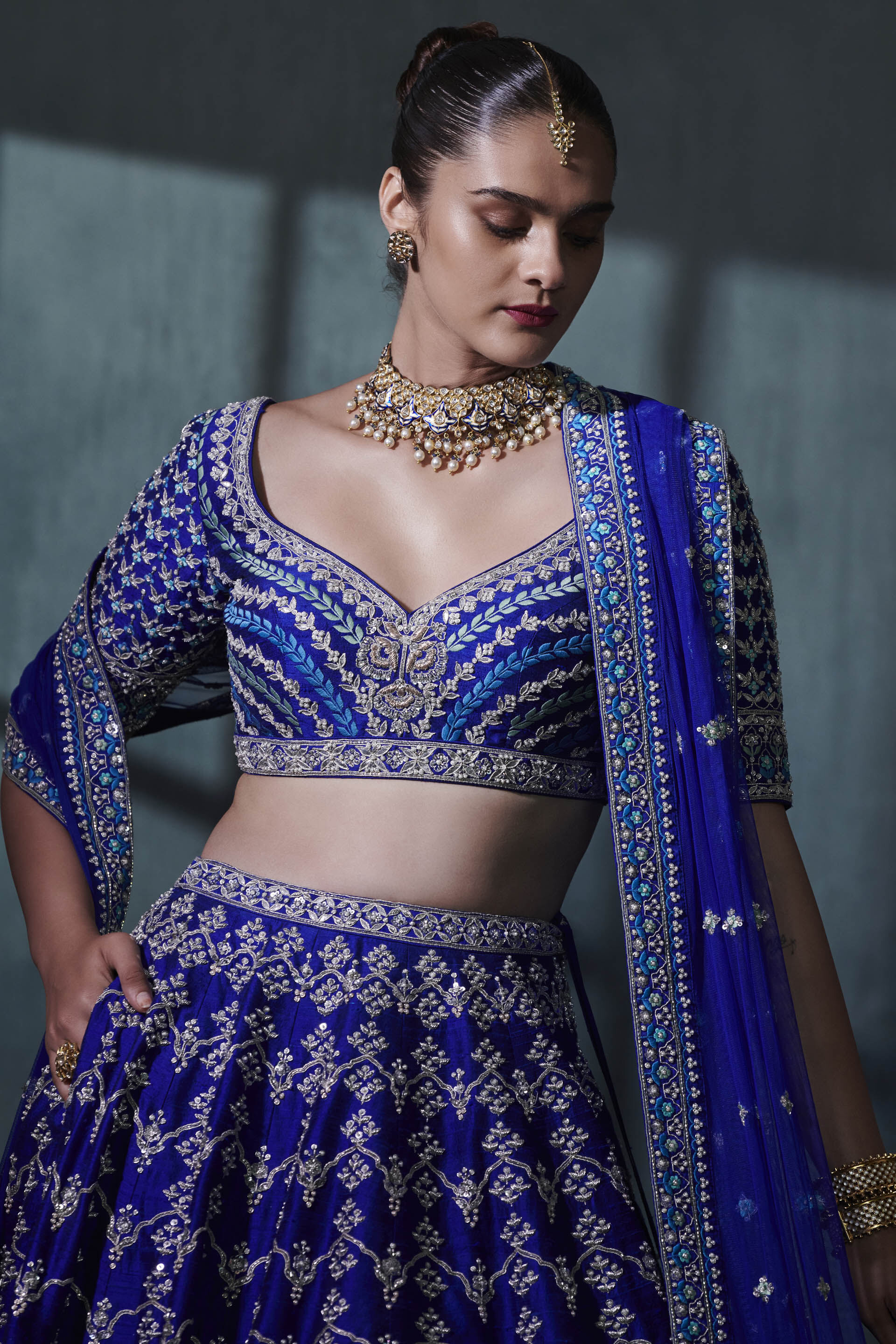 Indian Deep Blue Zari & Pearl Silk Lehenga Set (3-Piece) - Image 1