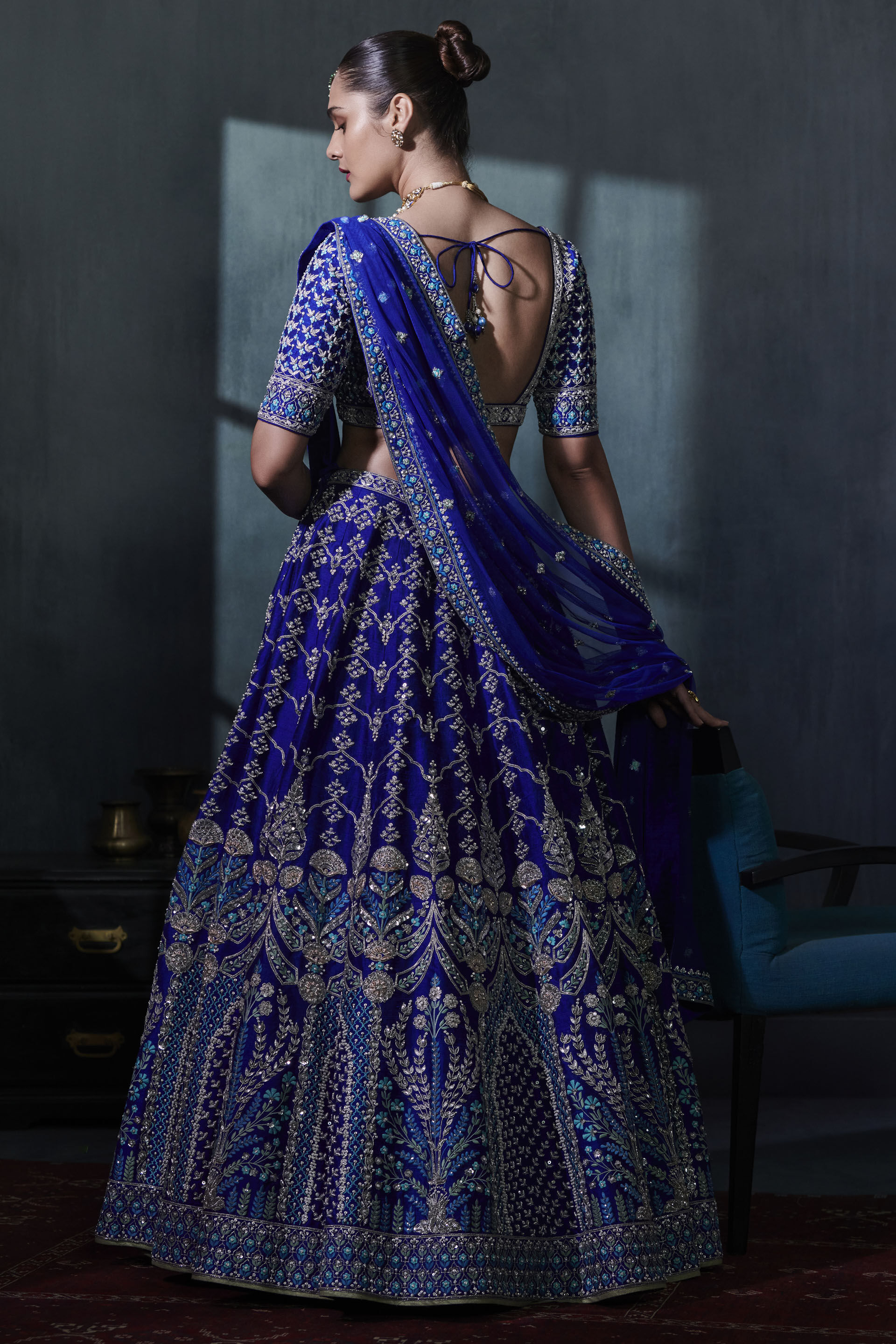 Indian Deep Blue Zari & Pearl Silk Lehenga Set (3-Piece) - Image 2