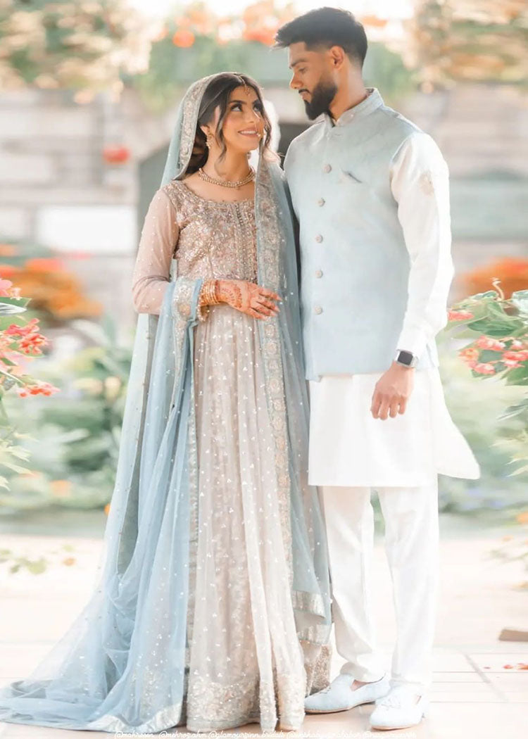 Powder Blue Silver Embroidered Silk-Blend Bridal Lehenga (3-Piece) - Image 1