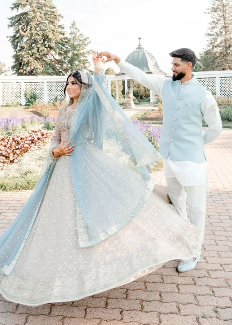 Powder Blue Silver Embroidered Silk-Blend Bridal Lehenga (3-Piece) - Image 2