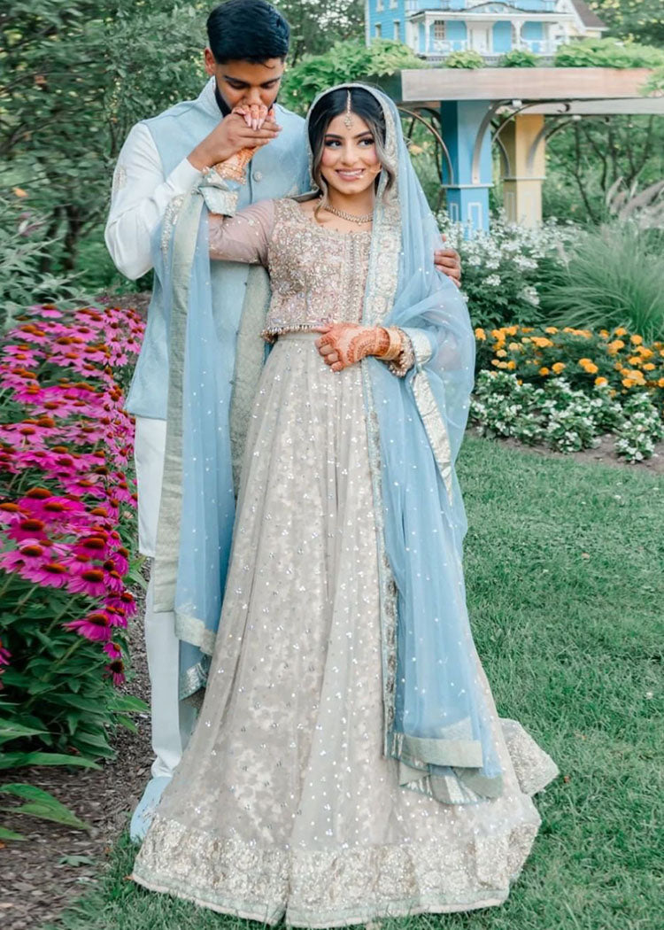 Powder Blue Silver Embroidered Silk-Blend Bridal Lehenga (3-Piece) - Image 6