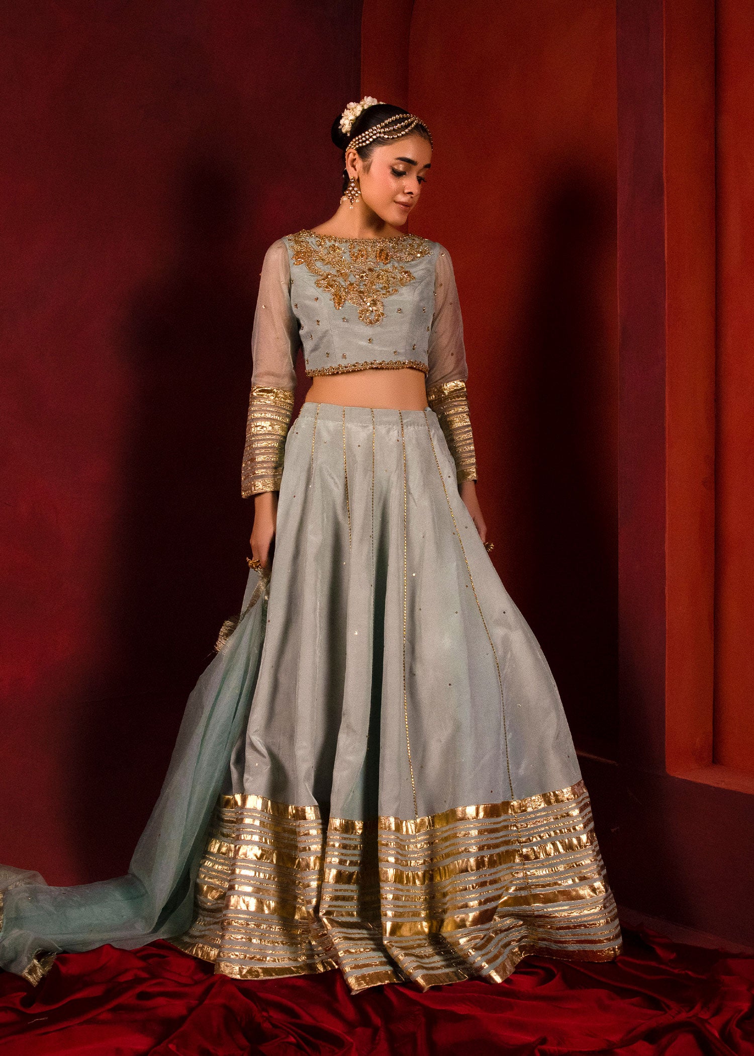 Pakistani Celeste Blue Embellished Thai Silk Lehenga Choli (3-Piece) - Image 1