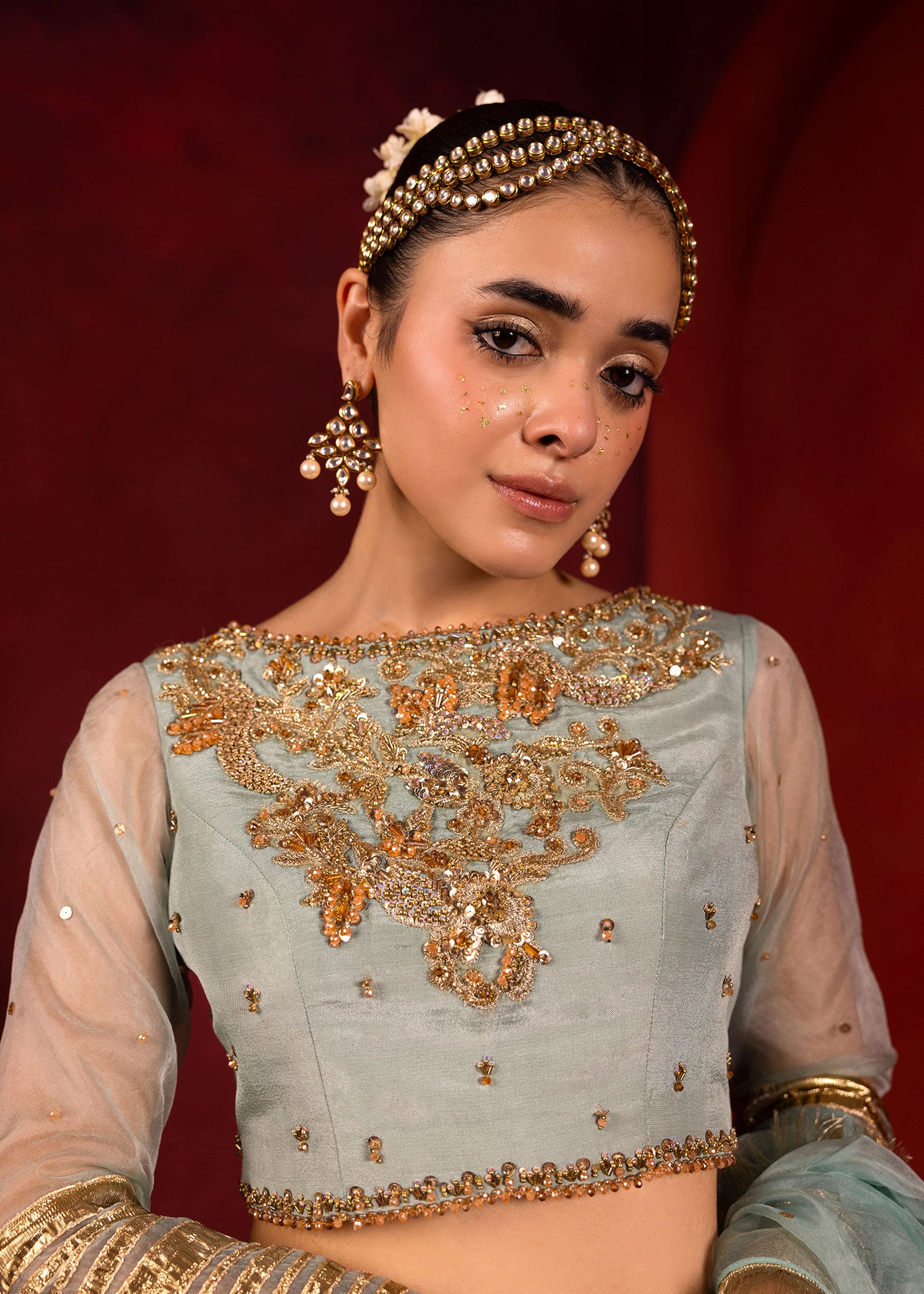 Pakistani Celeste Blue Embellished Thai Silk Lehenga Choli (3-Piece) - Image 2