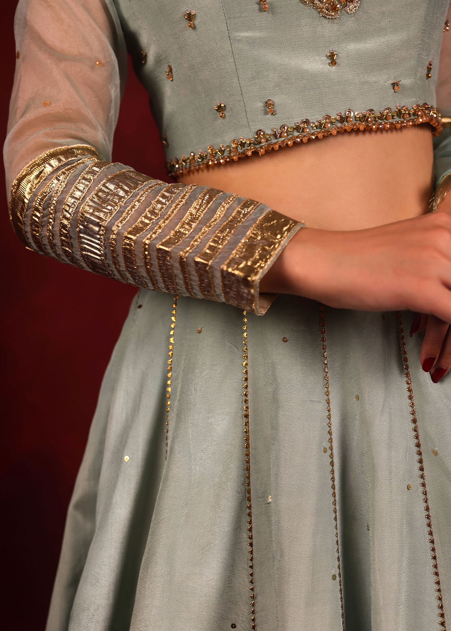 Pakistani Celeste Blue Embellished Thai Silk Lehenga Choli (3-Piece) - Image 3