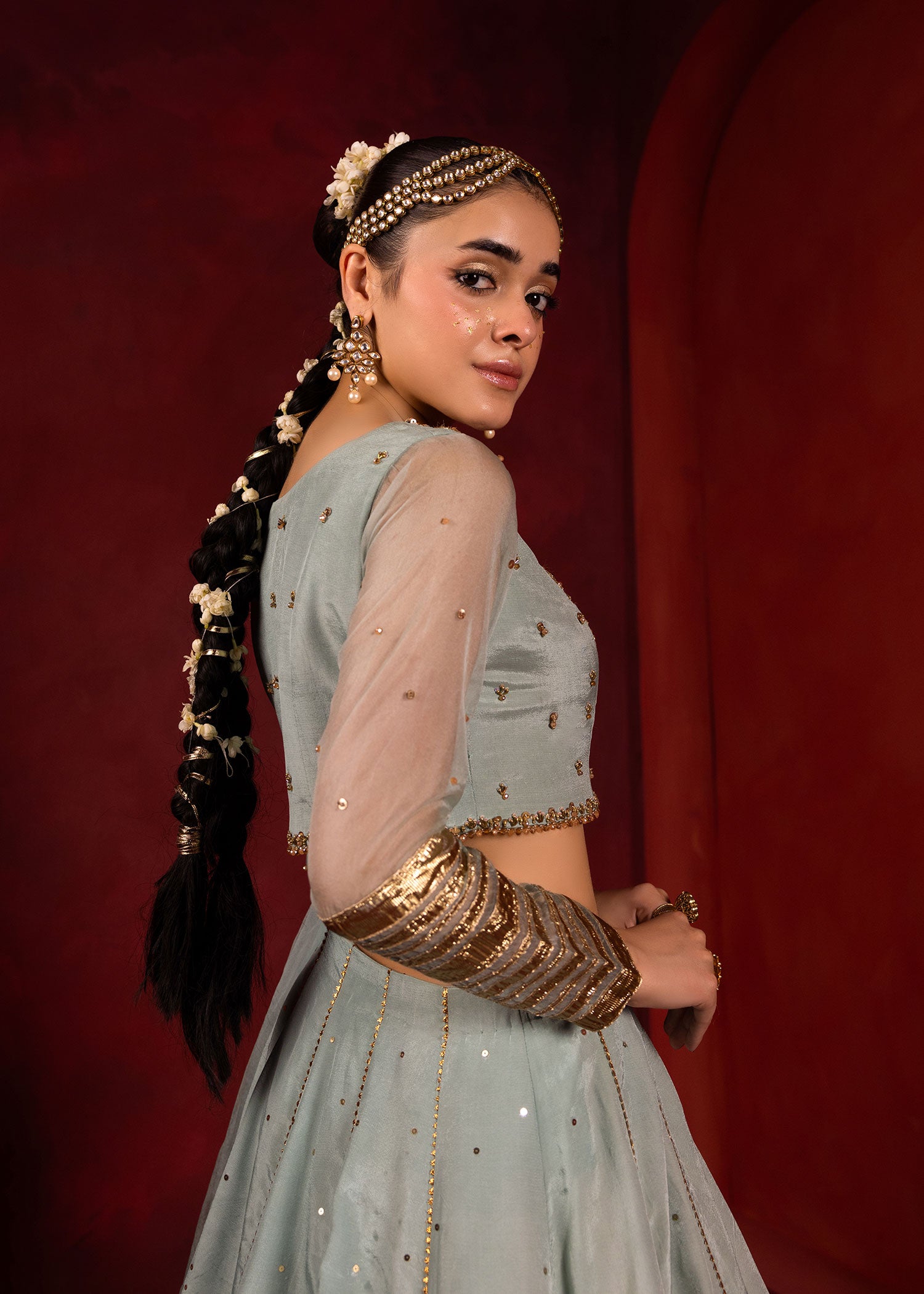 Pakistani Celeste Blue Embellished Thai Silk Lehenga Choli (3-Piece) - Image 4