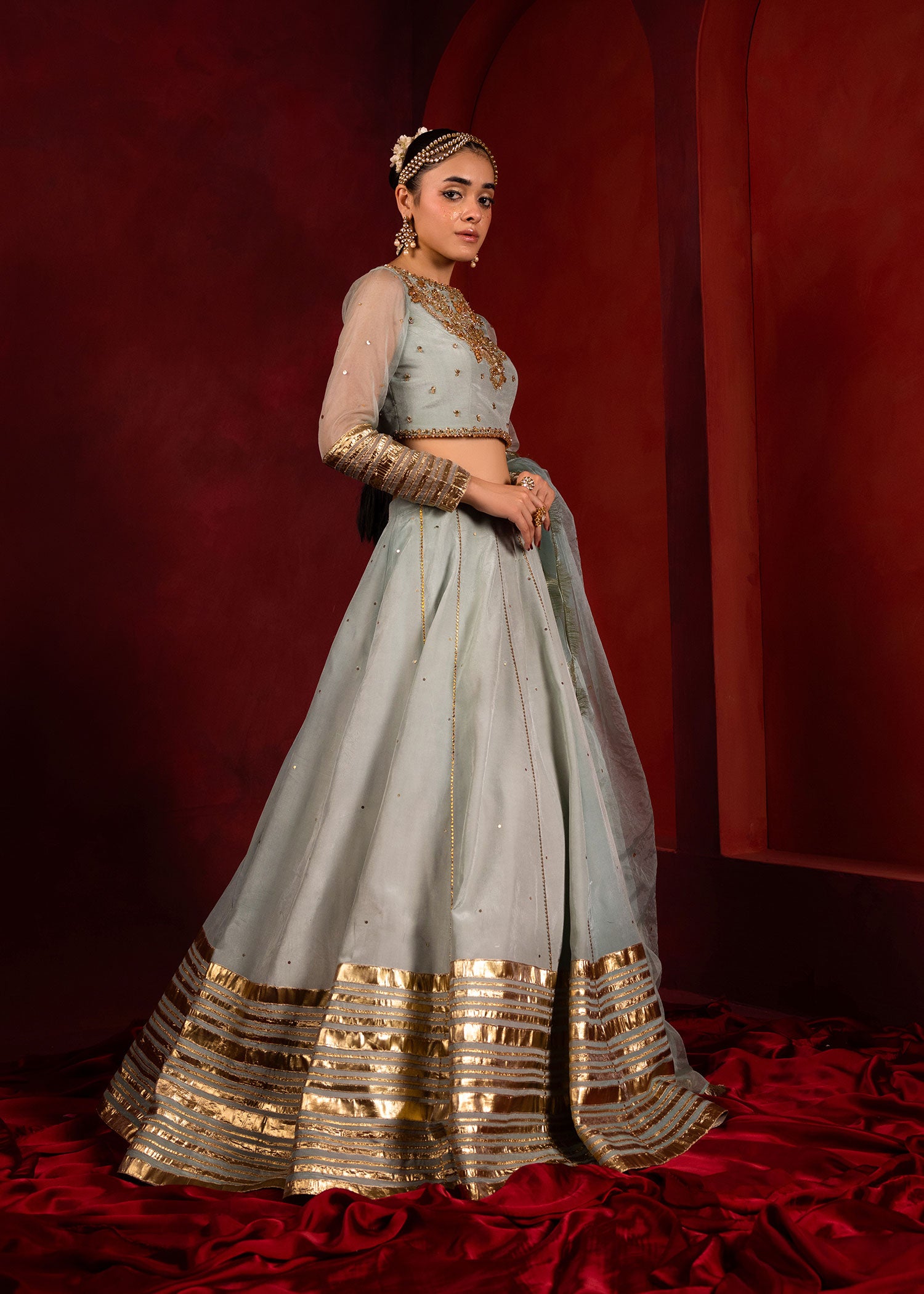 Pakistani Celeste Blue Embellished Thai Silk Lehenga Choli (3-Piece) - Image 5