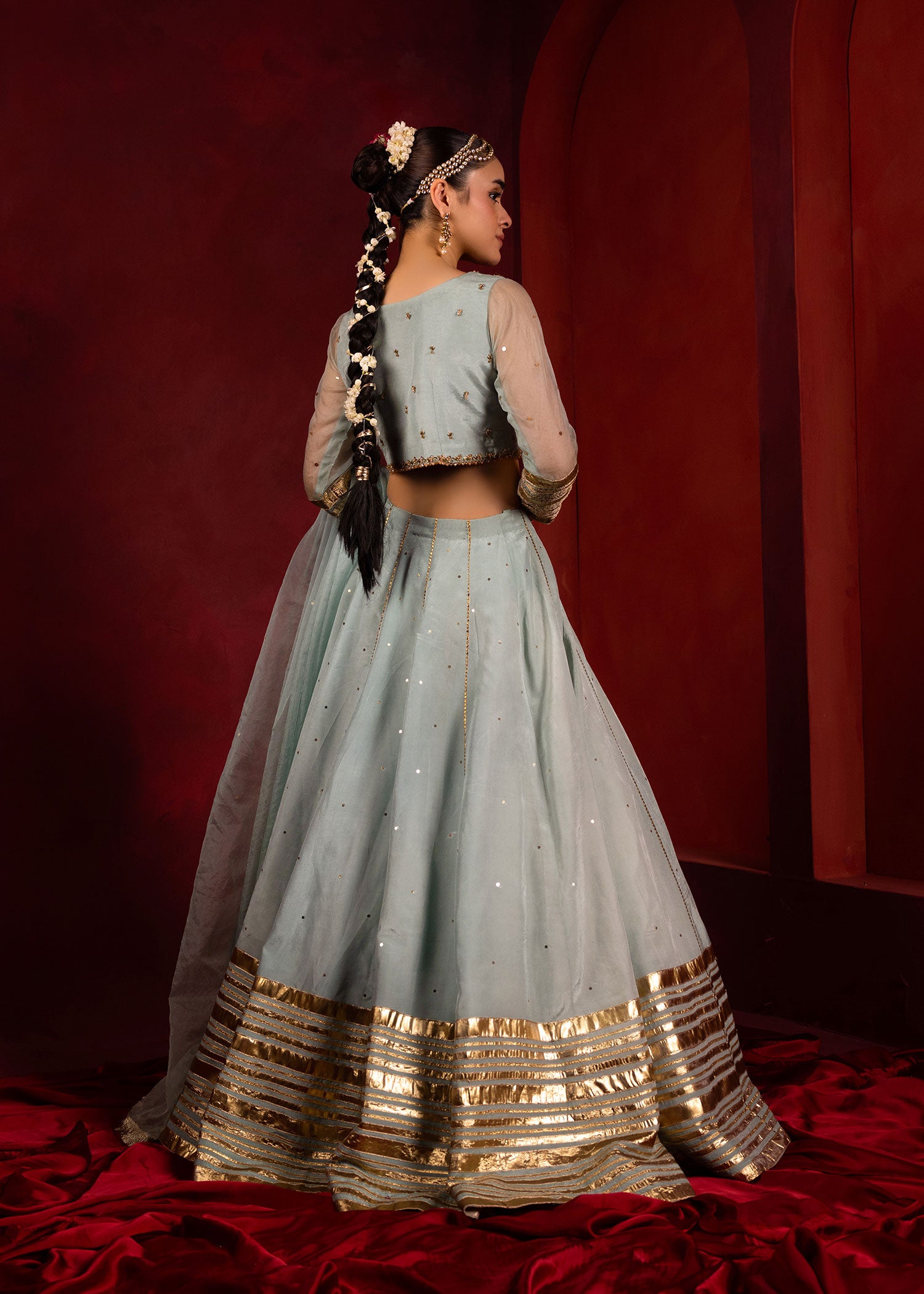 Pakistani Celeste Blue Embellished Thai Silk Lehenga Choli (3-Piece) - Image 6