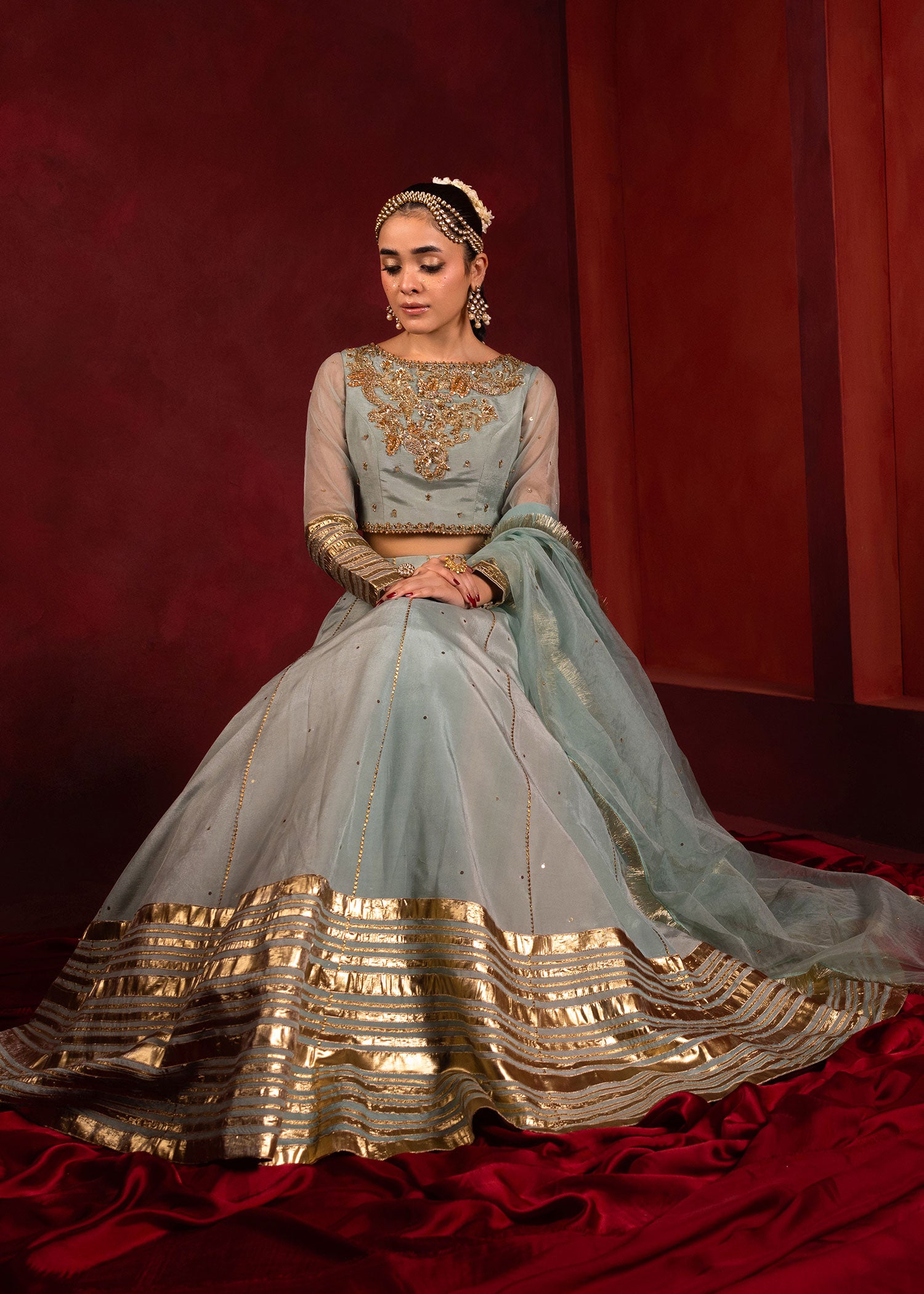 Pakistani Celeste Blue Embellished Thai Silk Lehenga Choli (3-Piece) - Image 7