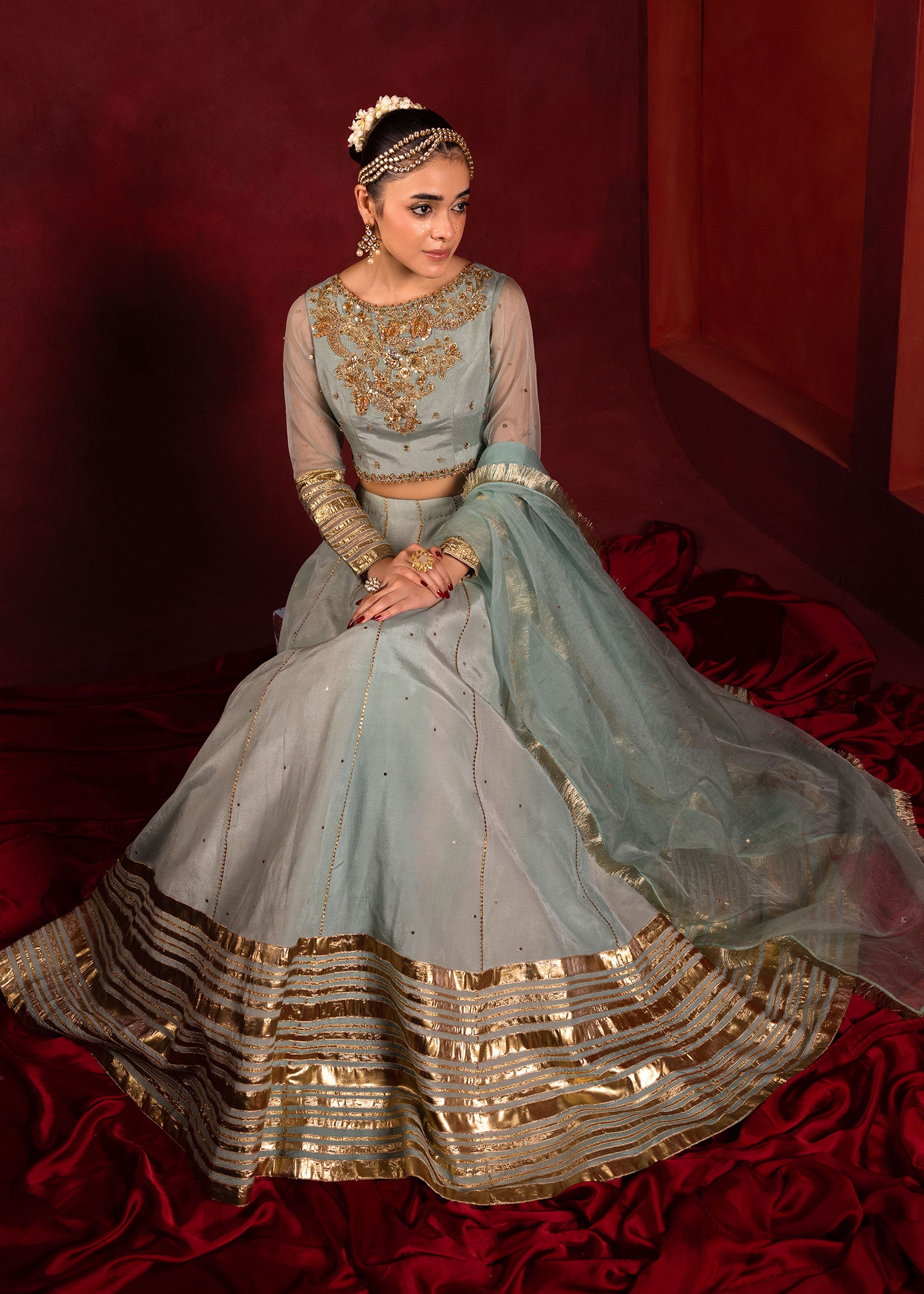Pakistani Celeste Blue Embellished Thai Silk Lehenga Choli (3-Piece) - Image 8