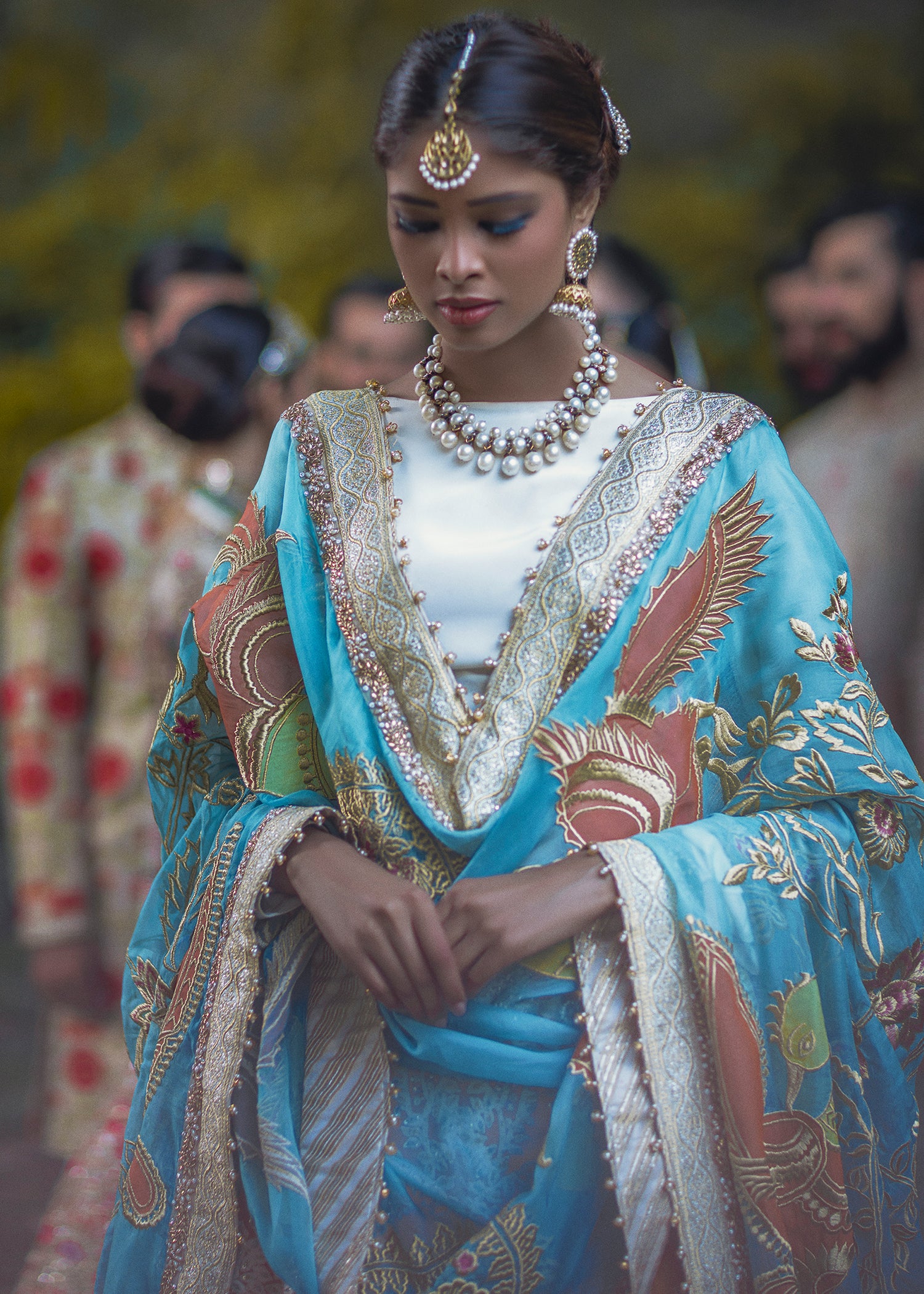 Pakistani Blue Gold-Embellished Tissue Lehenga (3-Piece) - Image 1