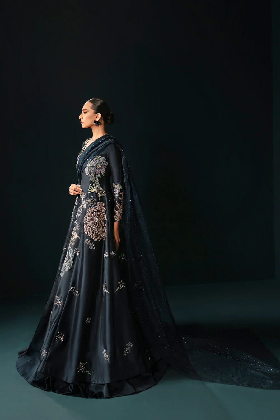 Pakistani Midnight Blue Embellished Silk Jacket & Organza Lehenga (3-Piece) - Image 2
