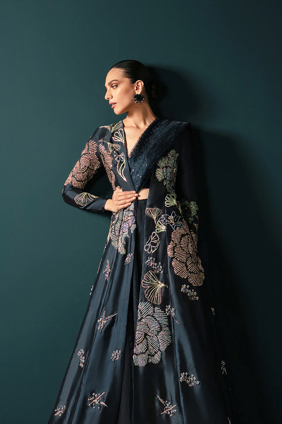 Pakistani Midnight Blue Embellished Silk Jacket & Organza Lehenga (3-Piece) - Image 4