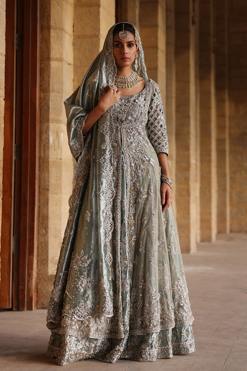 Pakistani Old Blue Embellished Soft Net Kalidaar Lehenga (3-Piece) - Image 1