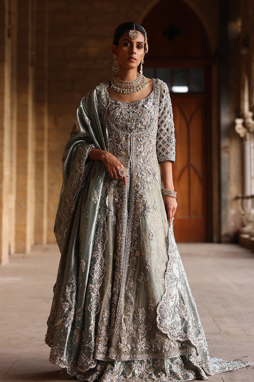 Pakistani Old Blue Embellished Soft Net Kalidaar Lehenga (3-Piece) - Image 3