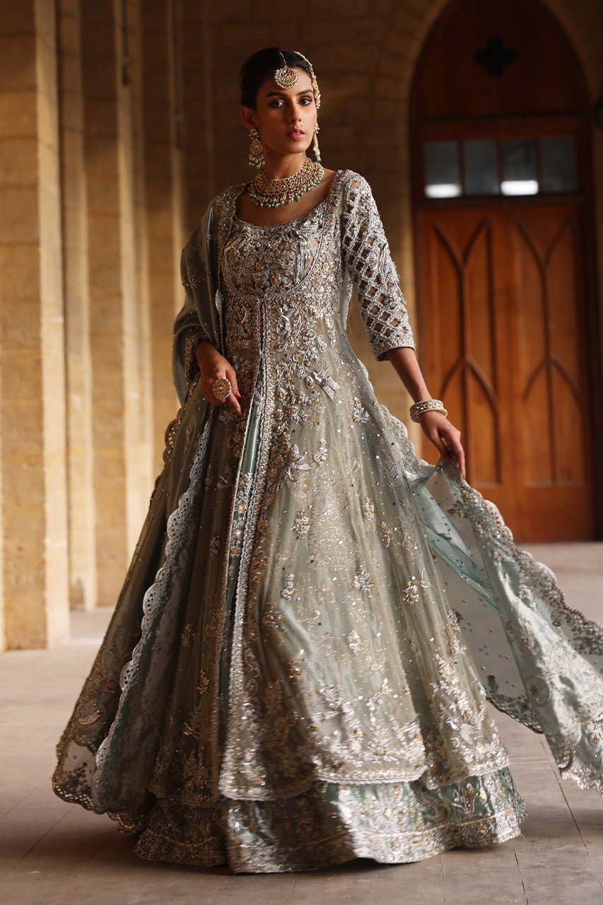 Pakistani Old Blue Embellished Soft Net Kalidaar Lehenga (3-Piece) - Image 4