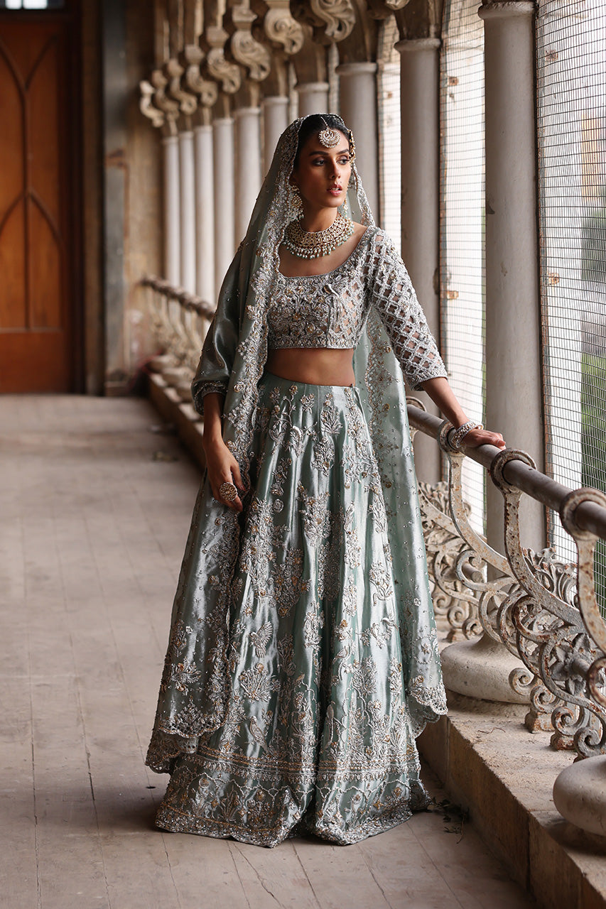 Pakistani Old Blue Zardozi Tissue Silk Bridal Lehenga (3-Piece) - Image 1