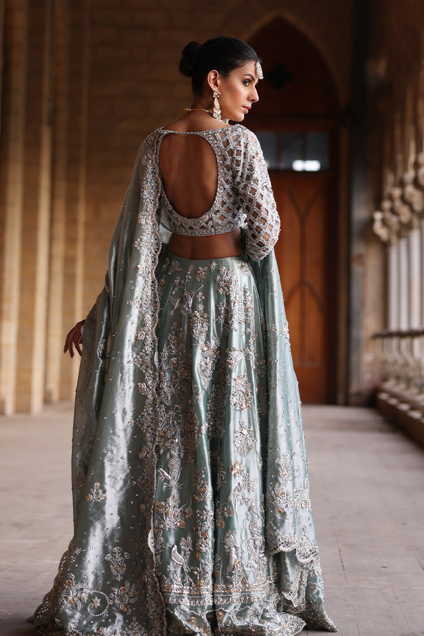 Pakistani Old Blue Zardozi Tissue Silk Bridal Lehenga (3-Piece) - Image 2