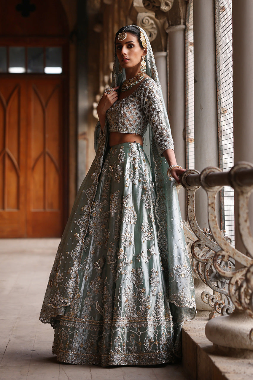 Pakistani Old Blue Zardozi Tissue Silk Bridal Lehenga (3-Piece) - Image 3