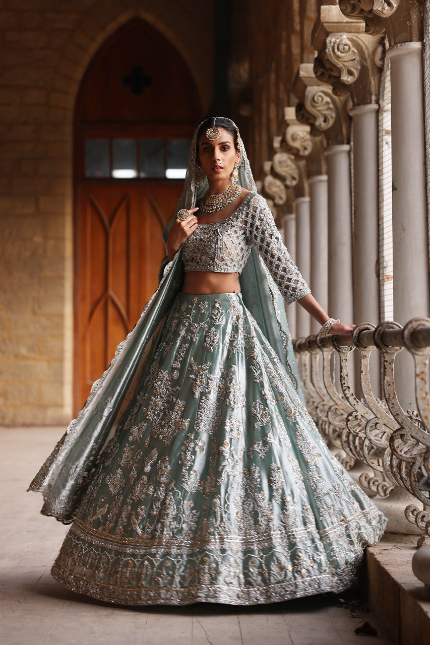 Pakistani Old Blue Zardozi Tissue Silk Bridal Lehenga (3-Piece) - Image 4