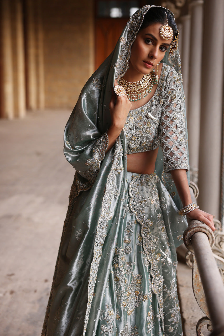 Pakistani Old Blue Zardozi Tissue Silk Bridal Lehenga (3-Piece) - Image 5