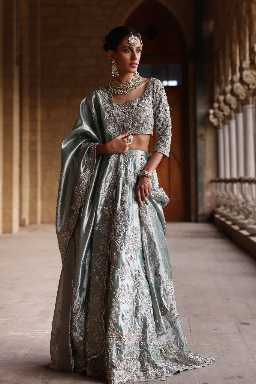 Pakistani Old Blue Zardozi Tissue Silk Bridal Lehenga (3-Piece) - Image 6