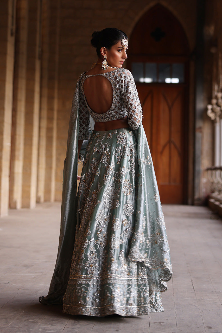 Pakistani Old Blue Zardozi Tissue Silk Bridal Lehenga (3-Piece) - Image 8