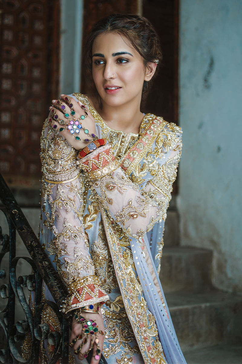 Powder Blue Embellished Tissue Bridal Lehenga (3-Piece) - Image 1