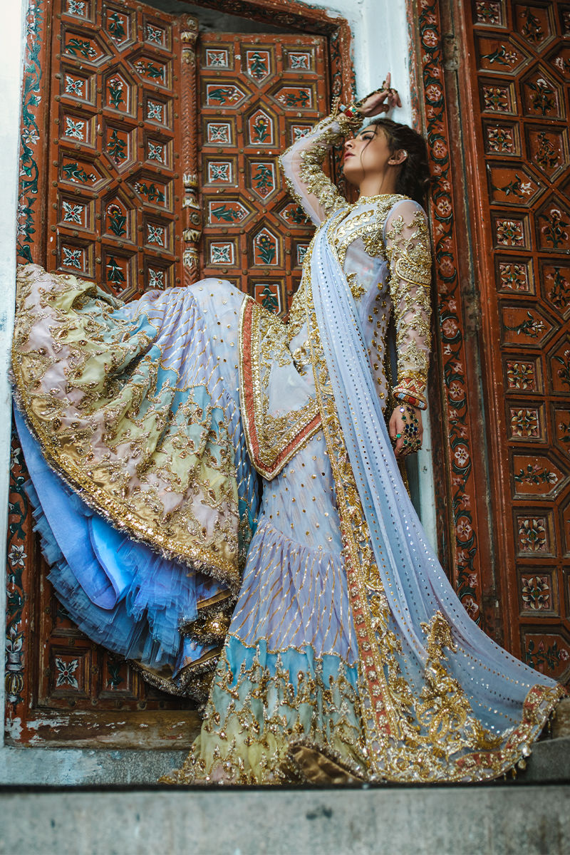 Powder Blue Embellished Tissue Bridal Lehenga (3-Piece) - Image 2