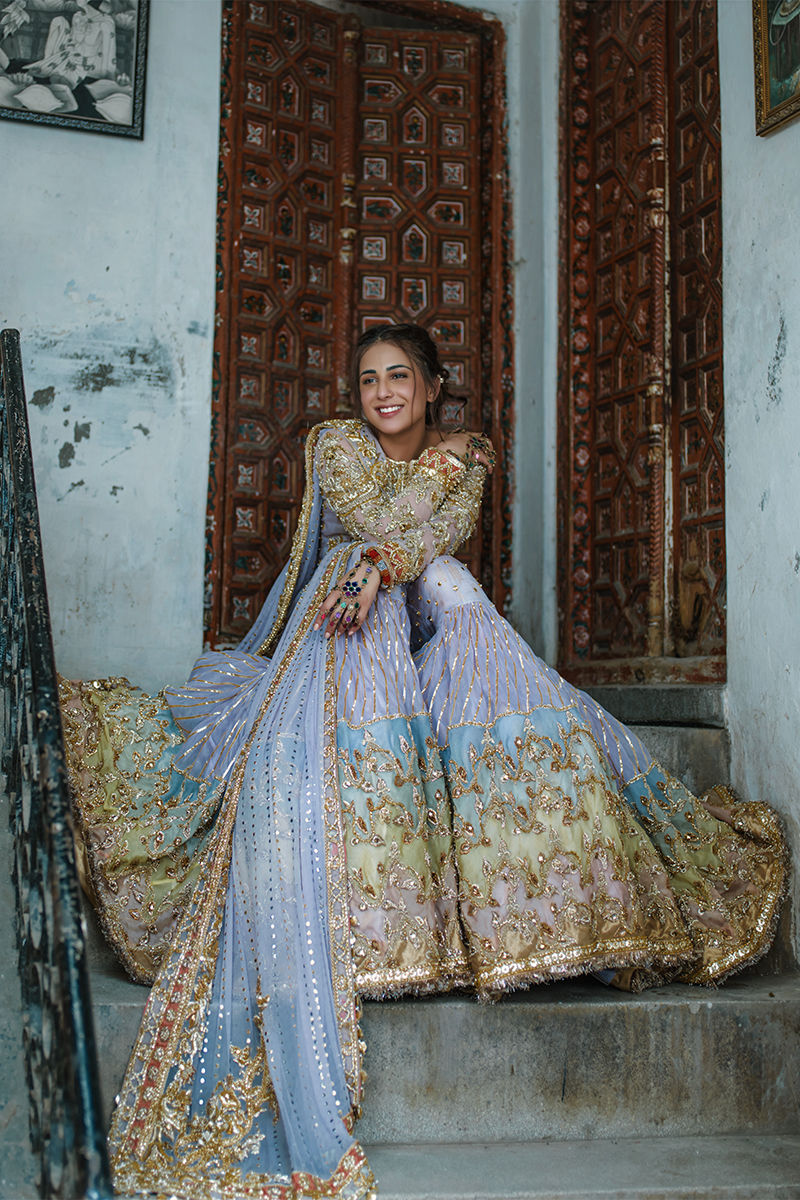 Powder Blue Embellished Tissue Bridal Lehenga (3-Piece) - Image 3