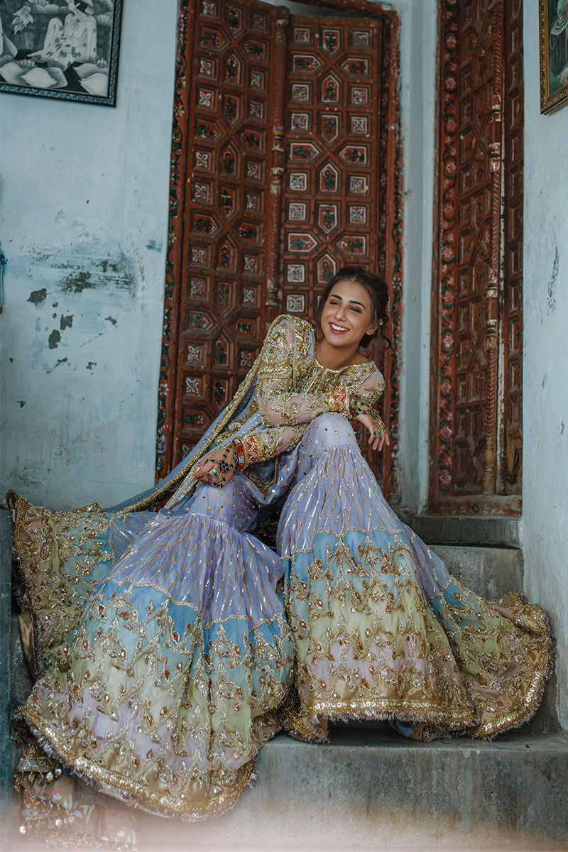 Powder Blue Embellished Tissue Bridal Lehenga (3-Piece) - Image 4