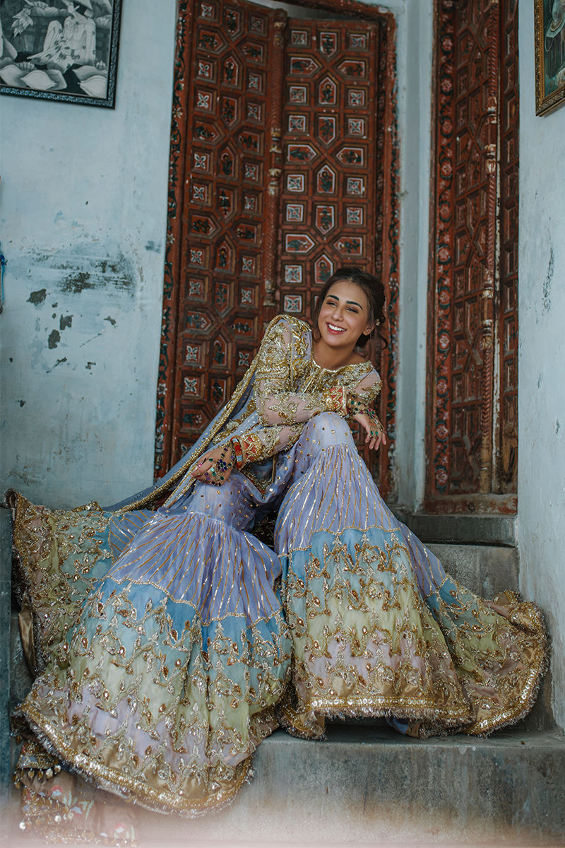 Powder Blue Embellished Tissue Bridal Lehenga (3-Piece) - Image 5