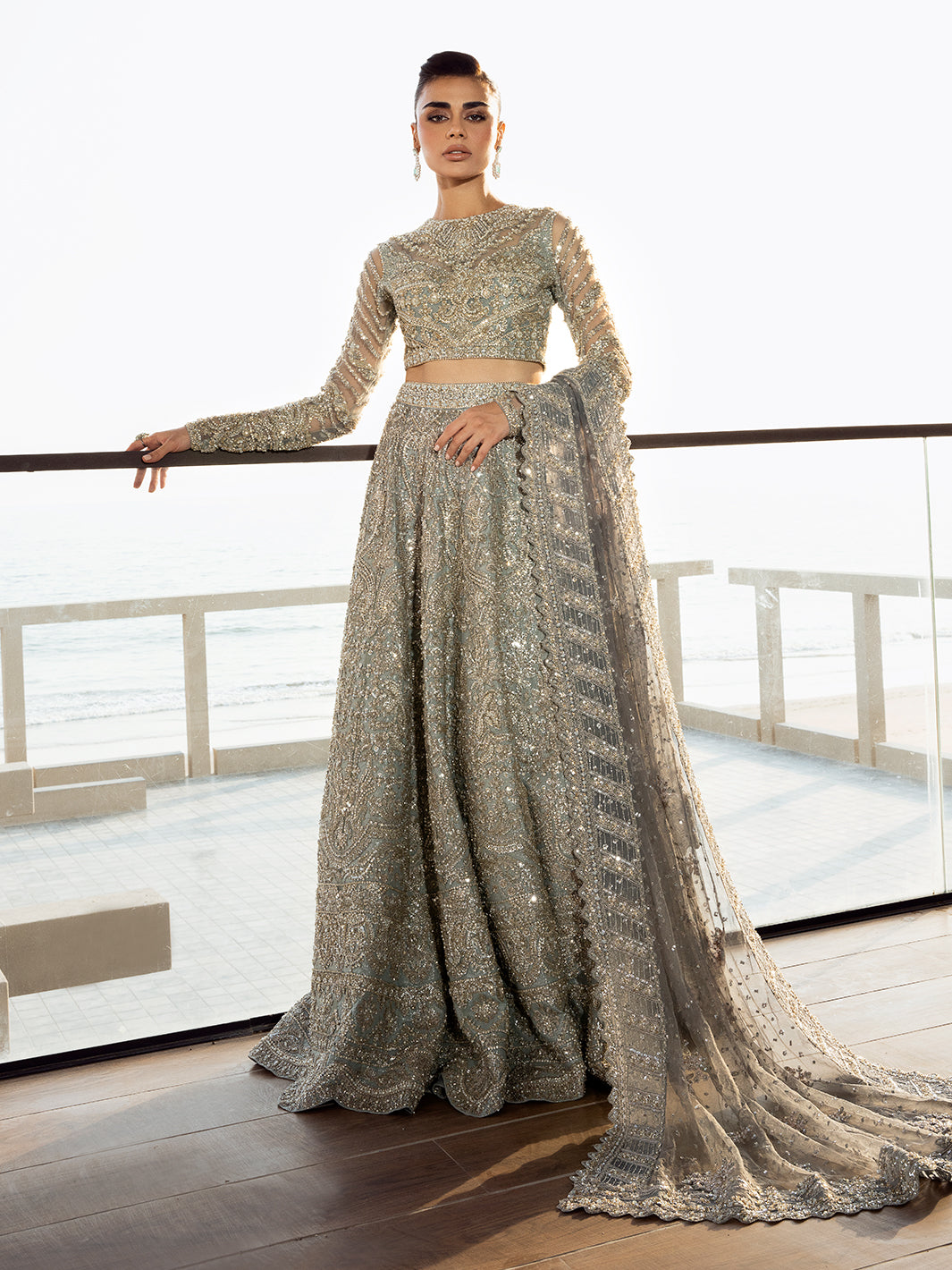 Pakistani Ice Blue Embellished Tulle Bridal Lehenga (3-Piece) - Image 1