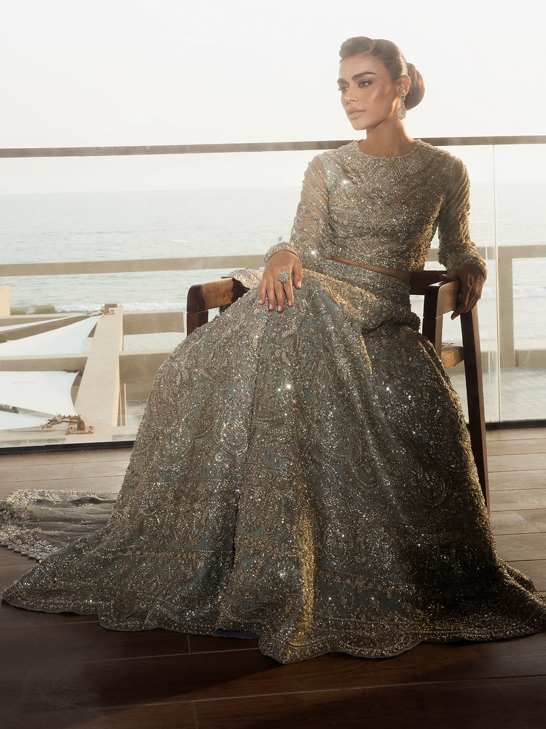 Pakistani Ice Blue Embellished Tulle Bridal Lehenga (3-Piece) - Image 11