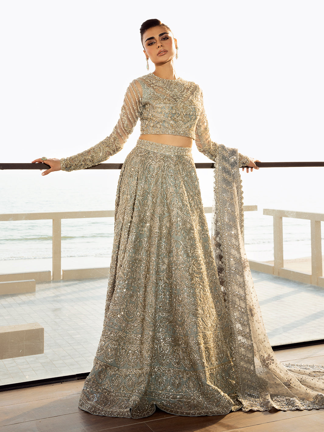 Pakistani Ice Blue Embellished Tulle Bridal Lehenga (3-Piece) - Image 2