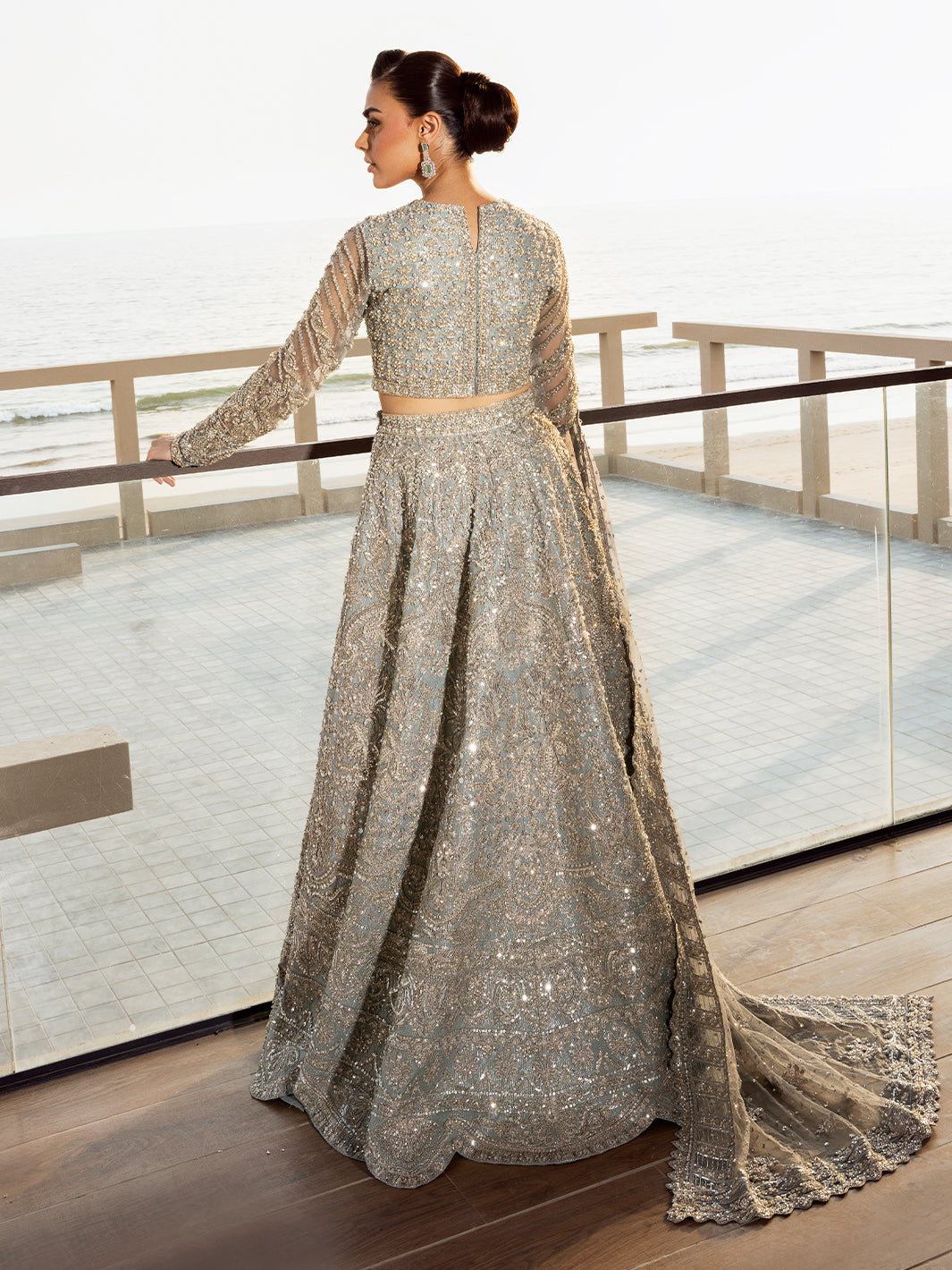 Pakistani Ice Blue Embellished Tulle Bridal Lehenga (3-Piece) - Image 3
