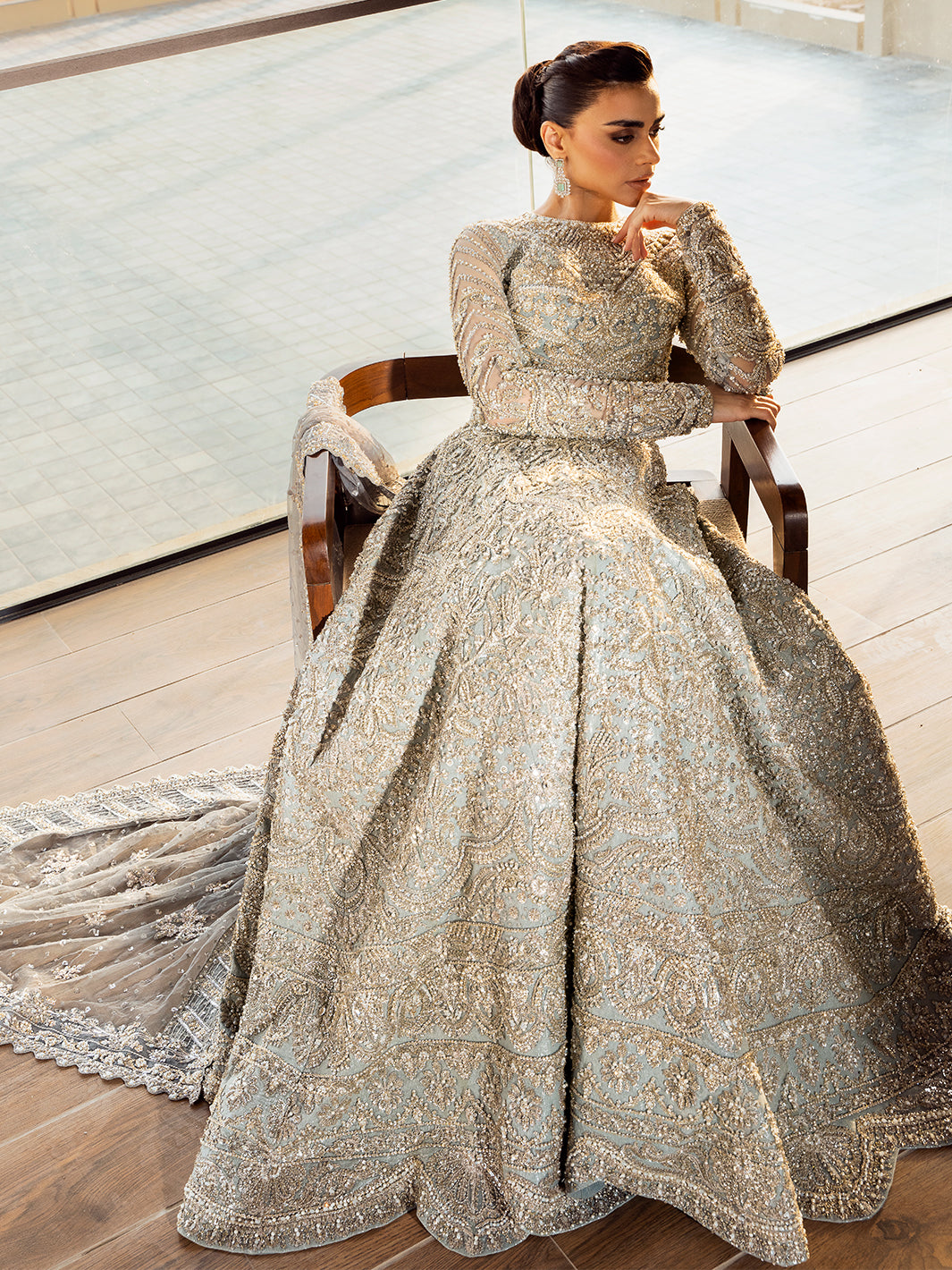 Pakistani Ice Blue Embellished Tulle Bridal Lehenga (3-Piece) - Image 4