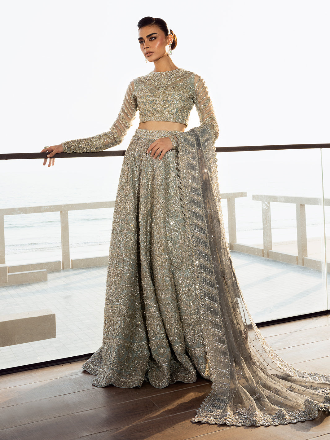Pakistani Ice Blue Embellished Tulle Bridal Lehenga (3-Piece) - Image 6
