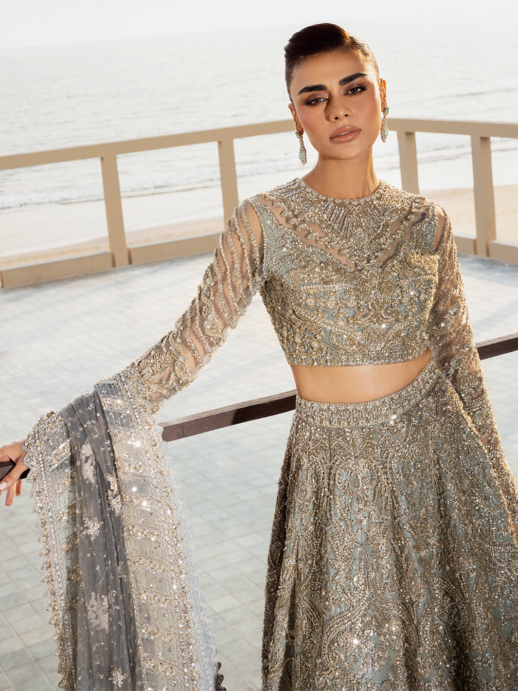 Pakistani Ice Blue Embellished Tulle Bridal Lehenga (3-Piece) - Image 8
