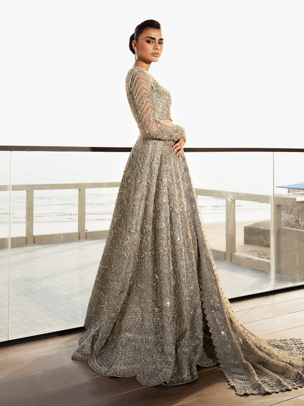 Pakistani Ice Blue Embellished Tulle Bridal Lehenga (3-Piece) - Image 9