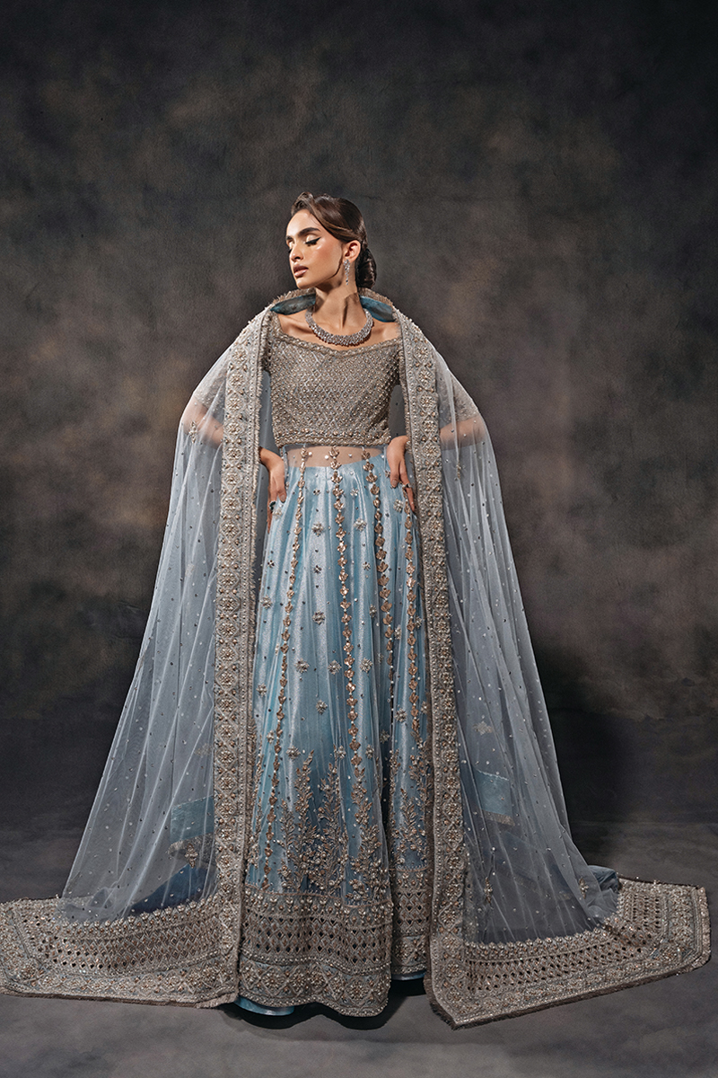 Indian Sky Blue Hand-Embellished Tulle Zari Kalidar Lehenga (3-Piece) - Image 2